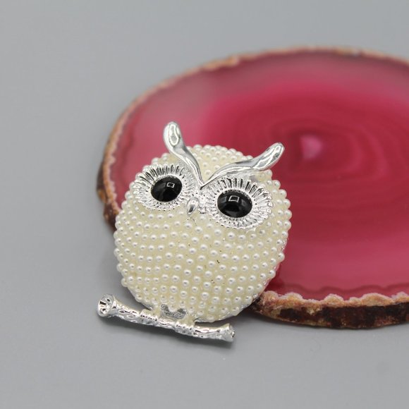 Owl bird pin brooch white pearl silver tone - Picture 2 of 8